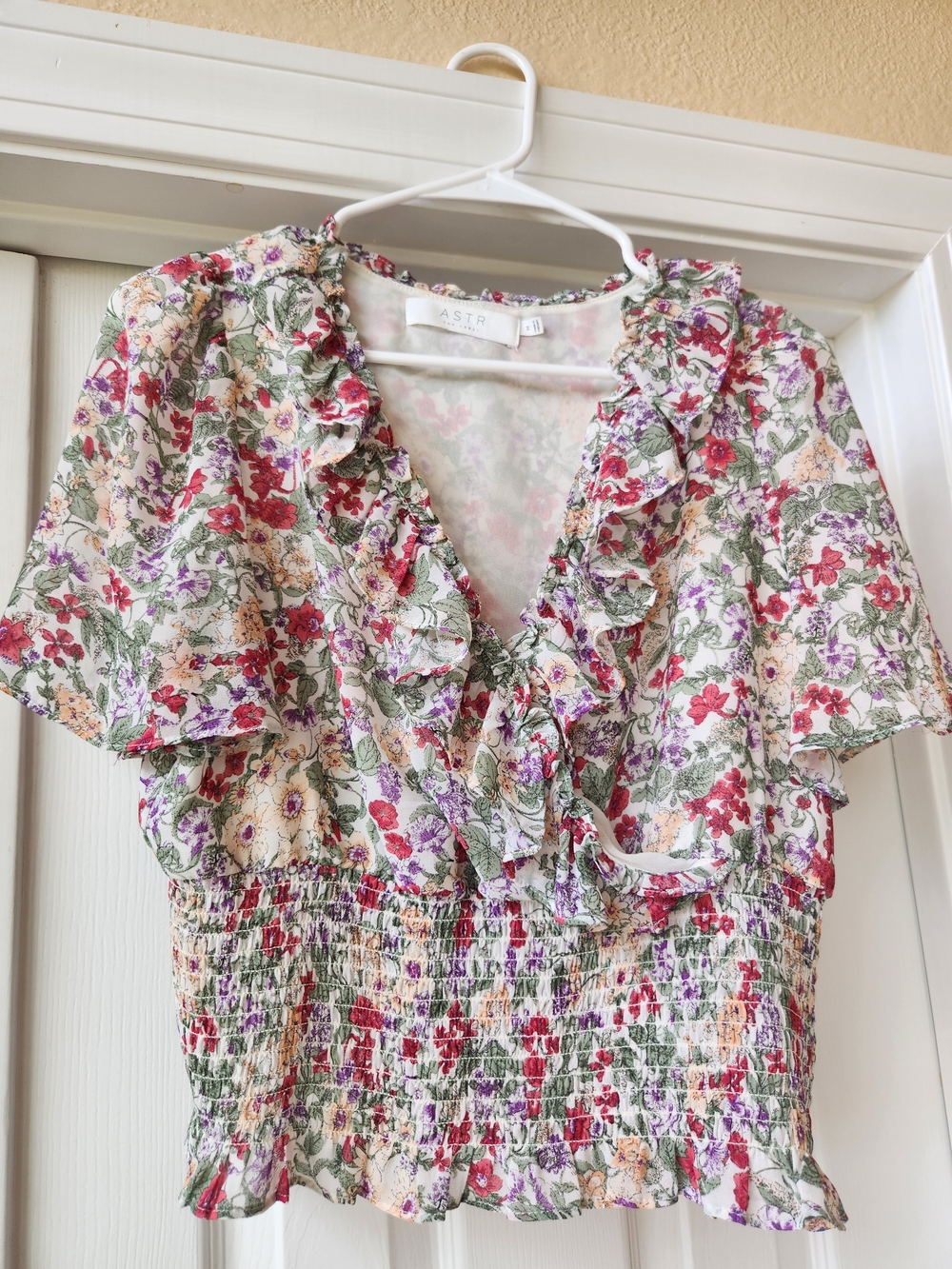 ASTR Cream Floral Ruffle.  V-Neck Smocked Waist Blouse, Size Medium
